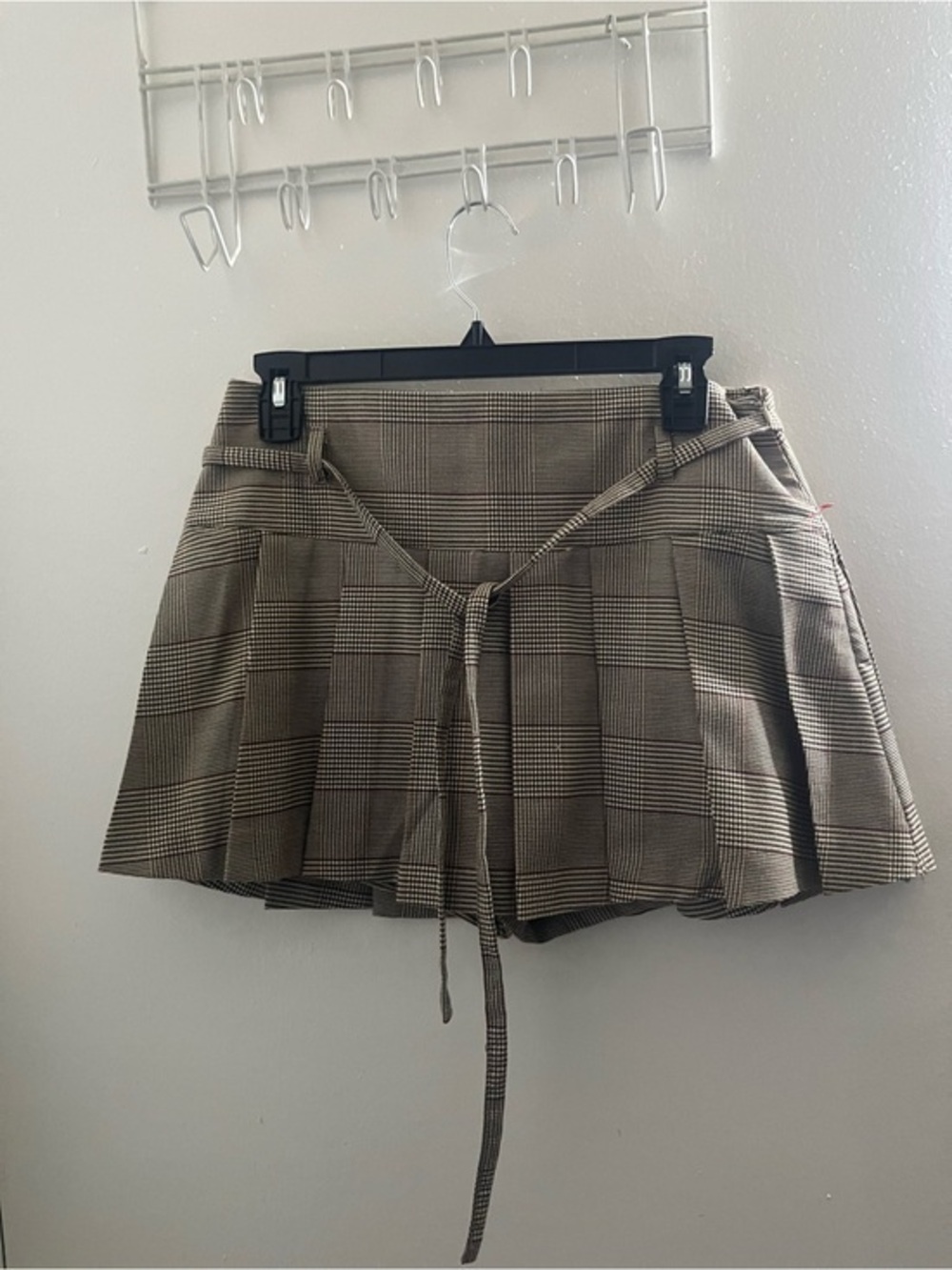 stradivarius Brown Plaid Pleated Mini Skirt with Self-Tie